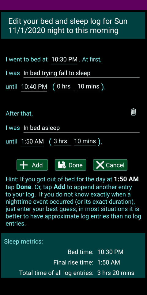 Screen for editing a sleep logs