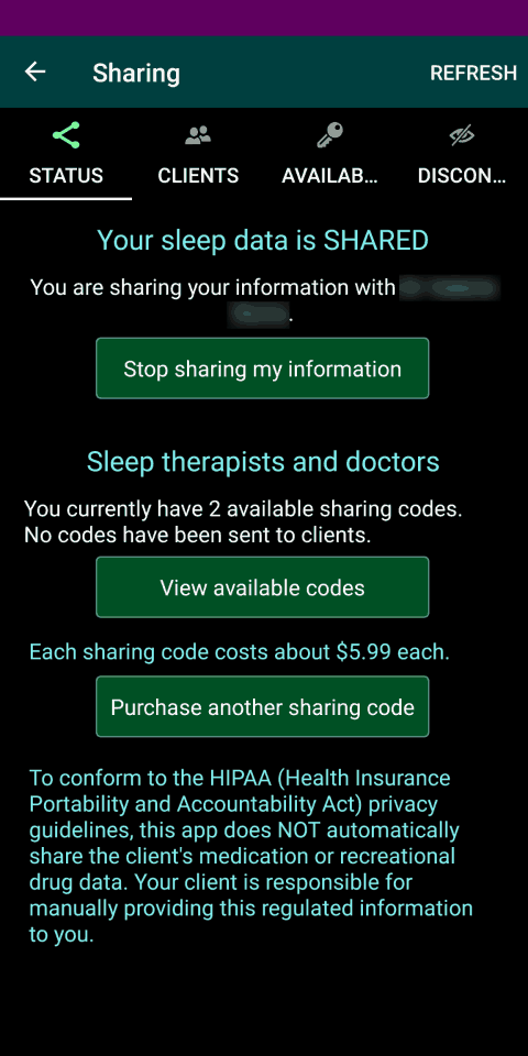 The Sharing screen Status page.